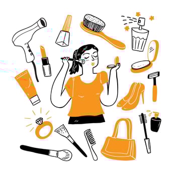 The pretty woman with cosmetic objects set vector