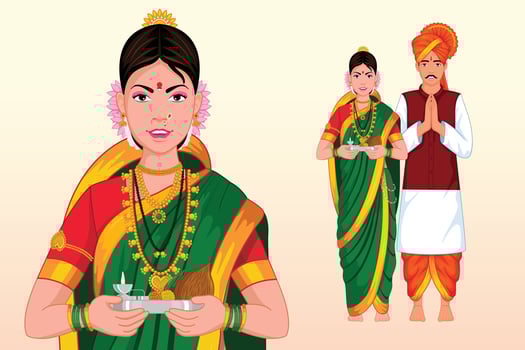 Indian Marathi Couple Wearing Traditional Cloths, Saree, Dhoti and kurta vector