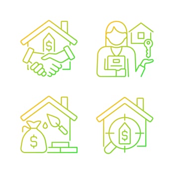 Home buying process gradient linear vector icons set. Real estate agent. Property mortgage. Searching house. Thin line contour symbol designs bundle. Isolated outline illustrations collection