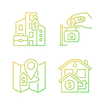 Realty purchasing types gradient linear vector icons set. Commercial and private property. Real estate price. Thin line contour symbol designs bundle. Isolated outline illustrations collection