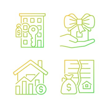 Real estate market gradient linear vector icons set. Property sale. Apartment purchase. Home donation. Realty price. Thin line contour symbol designs bundle. Isolated outline illustrations collection
