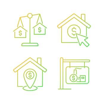 Housing searching gradient linear vector icons set. Property comparison. Home location. Real estate website. Thin line contour symbol designs bundle. Isolated outline illustrations collection