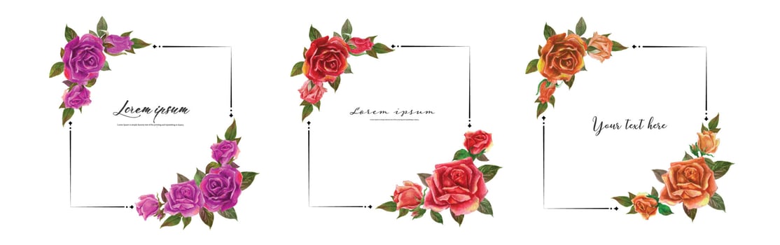 Rose watercolor frame set. Vector illustration.