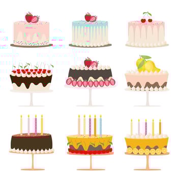 Set of birthday cakes, Sweet collection on white background. Vector illustration.