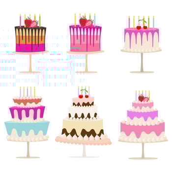 Set of birthday cakes, Sweet collection on white background. Vector illustration.