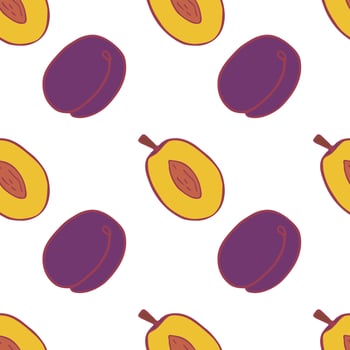 Fruit plum seamless pattern, great design for any purposes. Hand drawn fabric texture pattern. Healthy food background. Vector flat style summer graphic. On white background.