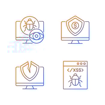 Computer vulnerability exploitation gradient linear vector icons set. Hacker attacks. Network disruption. Cyber insurance.Thin line contour symbols bundle. Isolated outline illustrations collection