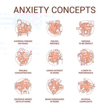 Anxiety terracotta concept icons set. Emotional reaction on stress. Mental health problem idea thin line color illustrations. Isolated outline drawings. Roboto-Medium, Myriad Pro-Bold fonts used vector