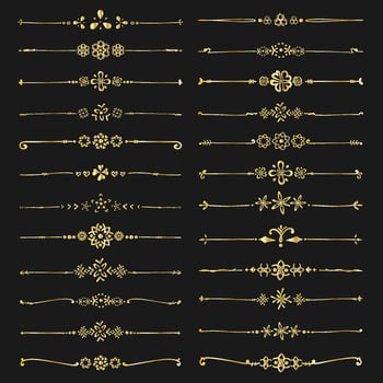 Set Of Golden Decorative Calligraphic Elements For Decoration. Handmade Vector Illustration.