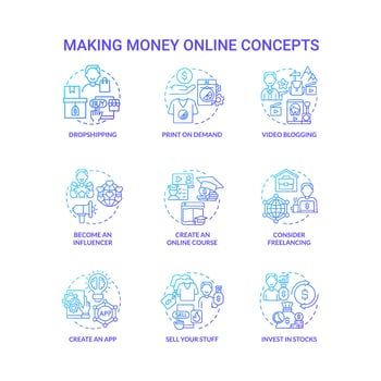 Making money online blue gradient concept icons set. Digital entrepreneurship idea thin line color illustrations. Invest in stocks. Print on demand. Dropshipping. Vector isolated outline drawings