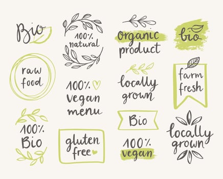 Hand drawn Set of organic, eco, bio, natural, gluten free, vegan food labels and vector design elements. Vector healthy food logo templates for food market, restaurant, packaging, ecommerce.