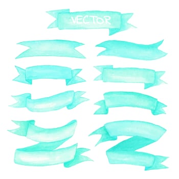 Watercolor ribbons and label elements set. Hand drawn vector illustration.