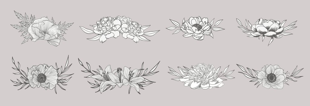Sketch Floral Botany set. Variety flower and leaf. Black and white with line art. vector
