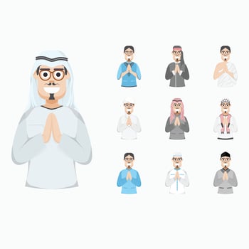 Happy Eid Al Fitr Adha Ramadan Man with Mustache Wearing Glasses Pose Give Wishing vector