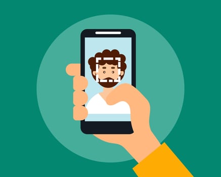 Hand holding smartphone with human head and scanning app on screen. Cartoon vector style for your design.