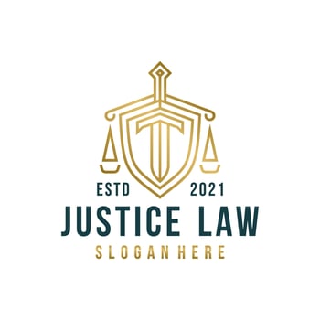 Lawyer Attorney Advocate Logo design vector template Linear style. Shield Sword Law Legal firm Security company logotype. Protect defense concept icon.