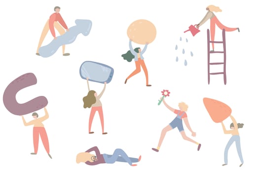 people with different objects. Team building and work flat vector illustration. Business partners, company staff, colleagues doodle drawing.