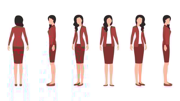 businesswoman cartoon character illustration, vector illustration of female character in formal clothes from different angles.