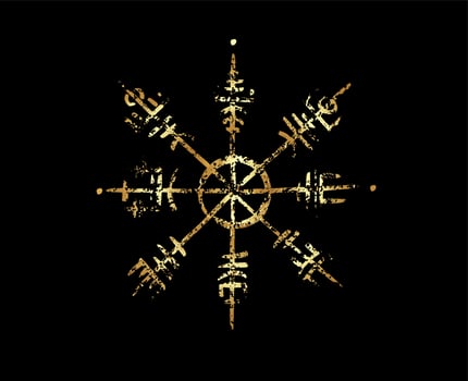 Vegvisir runic compass gold foil pencil drawing style, Hand drawing of Viking symbols, Sacred Norse, golden logo, grunge runic magic symbols, vector illustration isolated on black background