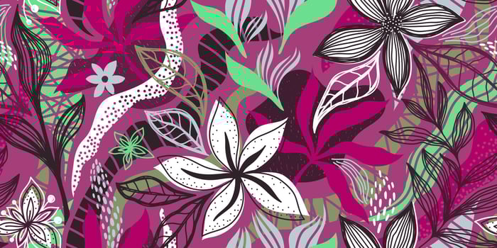 VECTOR SEAMLESS PINK BANNER WITH WHITE FLOWERS AND COLORFUL TROPICAL LEAVES