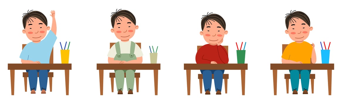 student sitting at a classroom desk. vector