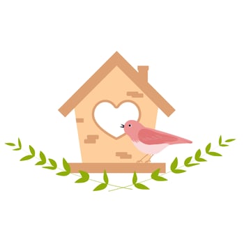 Pink bird in the birdhouses. Spring vector illustration. Isolated on a white background. Cute feathered animal in his house.