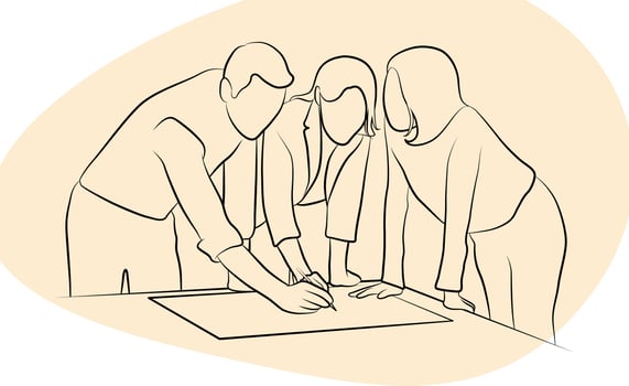 Business people discussing on table. Line art. vector
