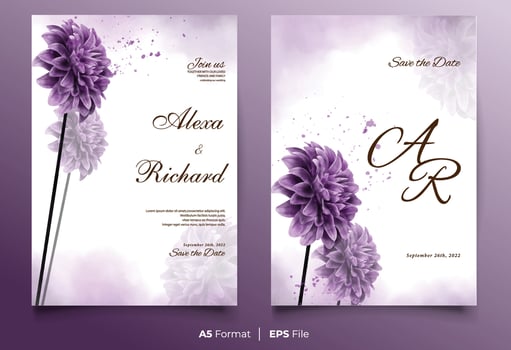 Luxury watercolor wedding invitation with purple flower vector