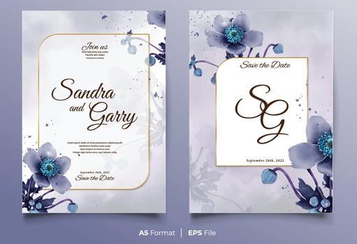 Luxury watercolor wedding invitation with purple flower vector
