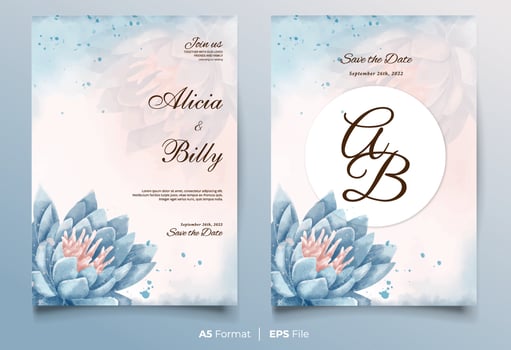 Watercolor wedding invitation with blue flower vector