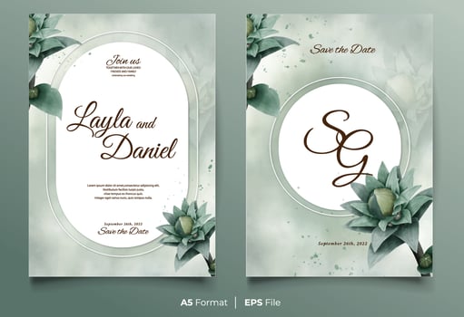 Luxury watercolor wedding invitation with green flower vector