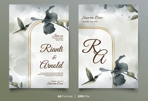 Luxury watercolor wedding invitation with black flower and bird vector