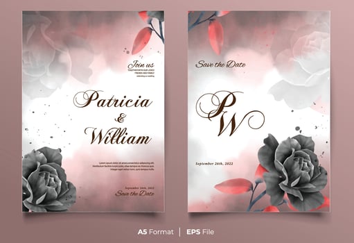 Luxury watercolor wedding invitation with black rose flower vector
