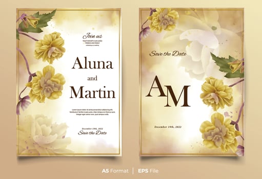 Watercolor wedding invitation template with yellow flower ornament vector
