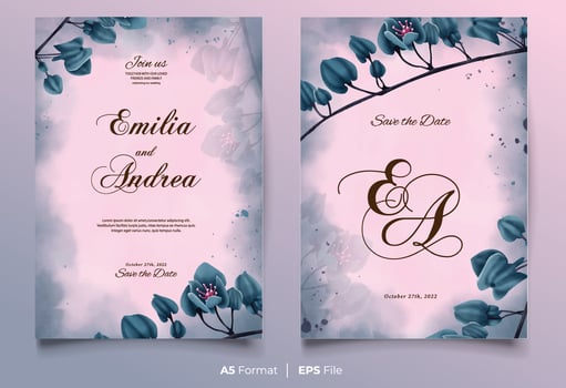 Watercolor wedding invitation with dark blue flower ornament vector