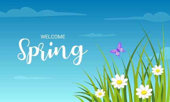 Spring background, landscape with flowers, grass, butterflies and blue sky. vector illustration.