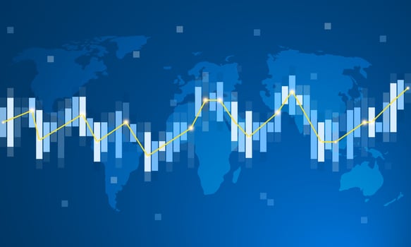 World Map with Financial Data Graph Chart on Blue Background. vector