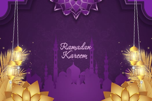 Background Ramadan Kareem Islamic purple and gold luxury with mandala and mosque vector