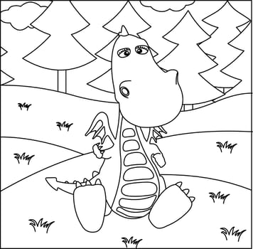 Dragon Coloring Page 49. Cute Dragon with nature, green grass, trees on background, vector black and white coloring page.