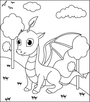 Dragon Coloring Page 38. Cute Dragon with nature, green grass, trees on background, vector black and white coloring page.