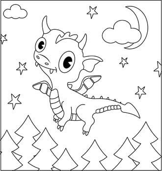 Dragon Coloring Page 40. Cute Dragon with nature, green grass, trees on background, vector black and white coloring page.