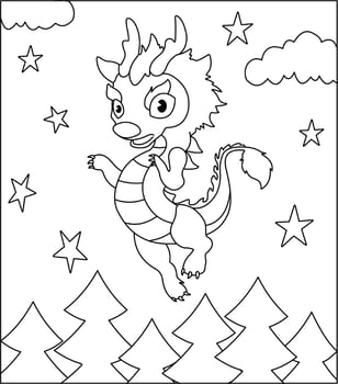 Dragon Coloring Page 36. Cute Dragon with nature, green grass, trees on background, vector black and white coloring page.