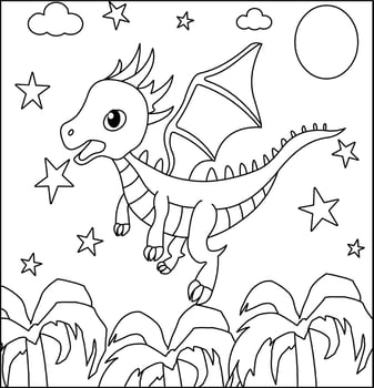 Dragon Coloring Page 18. Cute Dragon with nature, green grass, trees on background, vector black and white coloring page.