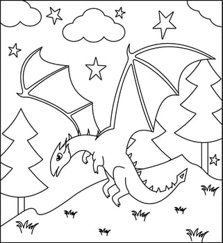 Dragon Coloring Page 13. Cute Dragon with nature, green grass, trees on background, vector black and white coloring page.