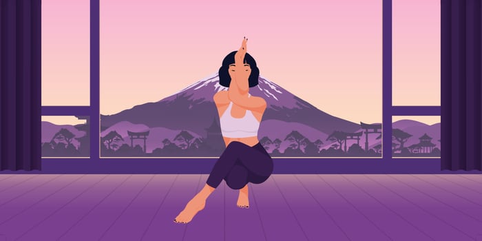 Vector illustration depicting an evening meditation in nature. A beautiful girl doing yoga. Asian city and mountain in the background.
