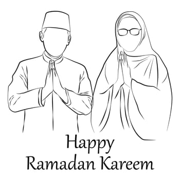 sketch of husband and wife saying happy ramadan vector