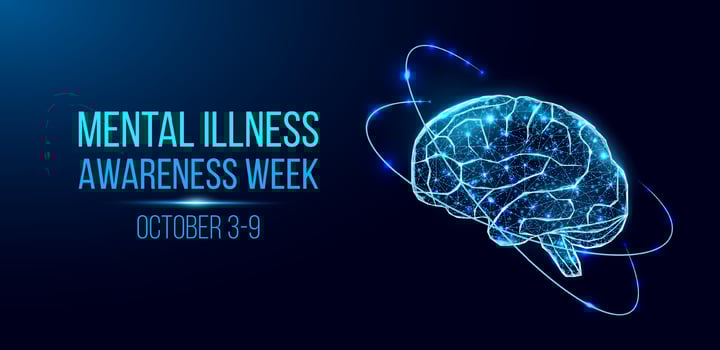 Mental illness awareness week concept. Banner with glowing low poly wireframe brain. Isolated on dark blue background. Vector illustration.