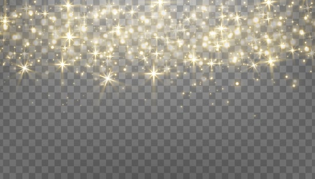 Gold glittering dots, sparkles, particles on a transparent background. Abstract light effect. Gold luminous points. Vector illustration.