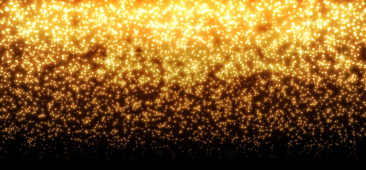 Gold glittering dots, sparkles, particles and stars on a black background. Abstract light effect. Gold luminous points. Vector illustration.