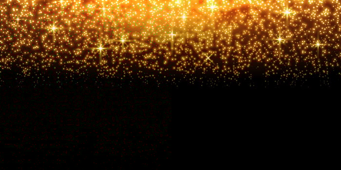 Gold glittering dots, sparkles, particles and stars on a black background. Abstract light effect. Gold luminous points. Vector illustration.